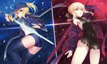  :o ahoge arm_at_side arm_up armpits artoria_pendragon_(all) ass bangs baseball_cap black_dress black_panties black_ribbon blonde_hair blue_background blue_eyes blue_hat blue_jacket blue_legwear blue_scarf blue_shorts braid breasts buruma closed_mouth covered_navel dark_excalibur dark_persona dress excalibur eyebrows eyebrows_visible_through_hair fate/grand_order fate/stay_night fate_(series) flat_chest french_braid frills glowing glowing_sword glowing_weapon gym_uniform hair_between_eyes hair_ribbon hat holding holding_sword holding_weapon impossible_clothes jacket kodama_yuu legs_apart light_particles long_hair long_sleeves looking_at_viewer multiple_girls mysterious_heroine_x off_shoulder panties pantyshot pantyshot_(sitting) ponytail red_background ribbon rojiura_satsuki:_chapter_heroine_sanctuary saber_alter scarf shorts sideboob sidelocks sitting sleeveless sleeveless_dress smile standing sword thighhighs track_jacket underwear weapon wristband yellow_eyes 