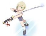  black_gloves commentary_request ebi-rom fingerless_gloves from_above gloves green_eyes hair_flaps hotarumaru looking_up male_focus ootachi shirtless shoes shorts smile sock_garters socks solo sword touken_ranbu weapon white_background 