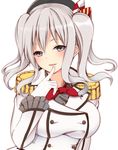  beret breasts buttons epaulettes finger_to_mouth frilled_sleeves frills gloves grey_eyes hand_up hat jacket kantai_collection kashima_(kantai_collection) kerchief large_breasts looking_at_viewer military military_uniform open_mouth sidelocks silver_hair solo suishin_tenra twintails uniform wavy_hair white_gloves 