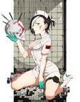  ass_visible_through_thighs black_hair black_hood black_panties blood blood_on_face blue_eyes bottle breasts cleavage condom condom_packet_strip condom_wrapper ear_piercing earrings gloves hat high_heels highres holster indoors jewelry kamezaemon looking_at_viewer mouth_hold multicolored_hair nurse nurse_cap original panties piercing pill ponytail scalpel sitting skull skull_and_crossbones small_breasts solo syringe thigh_holster two-tone_hair underwear wariza white_hair 
