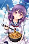  ahoge apron blue_sky blush bowl breasts chopsticks cloud cloudy_sky crane day feeding food hair_flaps hair_ornament head_tilt holding holding_food honeycomb_(pattern) honeycomb_background kantai_collection long_sleeves looking_at_viewer low_twintails magatama medium_breasts neckerchief open_mouth outdoors pov_feeding purple_eyes purple_hair school_uniform serafuku sky solo strap_slip taigei_(kantai_collection) twintails upper_body whale whale_hair_ornament zen_mine 