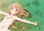  bad_id bad_pixiv_id bare_shoulders blonde_hair blush eyebrows_visible_through_hair five-leaf_clover grass highres honryou_wa_naru long_hair looking_at_viewer lying on_back on_ground original outstretched_arms purple_eyes smile spread_arms very_long_hair 