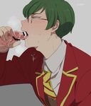  2boys artist_name cum cum_in_mouth cum_on_clothes drooling erection f6 fellatio glasses green_eyes green_hair grey_background handjob licking male_focus matsuno_choromatsu multiple_boys necktie nogi_(suisaiflower) osomatsu-kun osomatsu-san penis saliva school_uniform simple_background striped_necktie sweat upper_body yaoi 