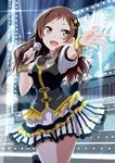  blush bow brown_eyes brown_hair dress gochou_(atemonai_heya) hair_bow idolmaster idolmaster_million_live! kitazawa_shiho long_hair microphone music open_mouth outstretched_arm singing smile solo stage sweat vest wrist_cuffs 