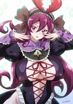  artist_name blush breasts brooch covered_nipples hair_ornament hair_ribbon hairband jewelry joy_ride large_breasts long_hair nail_polish open_mouth precure precure_all_stars purple_eyes purple_hair ribbon solo sorciere_(precure) 