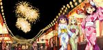  asagi_asuka blonde_hair blush bow brown_hair candy fan festival fireworks green_eyes japanese_clothes kantoku long_hair magical_suite_prism_nana oribe_kotone photoshop purple_eyes purple_hair red_eyes scan short_hair summer twintails washioka_itaru watermark yukata 