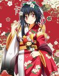  black_hair flower flower_knight_girl hair_flower hair_ornament hair_stick highres japanese_clothes kimono looking_at_viewer manryou_(flower_knight_girl) masako_(sabotage-mode) monkey print_kimono red_background red_eyes red_kimono short_hair smile solo yukata 