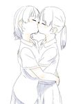  2girls arms_around_waist eyes_closed female kiss multiple_girls partially_colored ponytail satsuyo short_hair simple_background skirt white_background yuri 