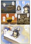  3koma barefoot black_hair check_translation chibi closed_eyes comic hisahiko kantai_collection katsuragi_(kantai_collection) long_hair ocean outdoors short_sleeves sitting sunset translation_request younger 