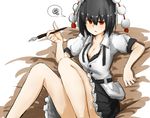  black_hair breasts cleavage clenched_teeth fountain_pen kan_(aaaaari35) large_breasts open_clothes pen pom_pom_(clothes) red_eyes shameimaru_aya short_hair solo spoken_squiggle squiggle teeth touhou 