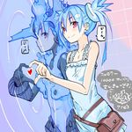  blue_hair cowboy_shot different_reflection dress heart heart_hands heart_hands_duo ibis_(ishoujo) ishoujo looking_at_viewer pouch red_eyes reflection sleeveless smile takayama_toshinori translation_request twintails 