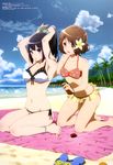  absurdres anklet applying_sunscreen armpits arms_up barefoot bass_clef beach beamed_eighth_notes bikini black_hair bow bracelet breasts brown_hair bunching_hair cleavage cloud day eighth_note floral_print flower front-tie_top hair_flower hair_ornament hair_scrunchie hibike!_euphonium highres jewelry kneeling kousaka_reina lotion medium_breasts multiple_girls musical_note musical_note_print nagahama_ayaka navel official_art oumae_kumiko outdoors palm_tree ponytail print_bikini print_bow print_object print_towel quarter_note red_bikini sandals_removed scrunchie side-tie_bikini sitting sixteenth_note sky small_breasts striped striped_scrunchie sunscreen swimsuit towel treble_clef tree wariza 