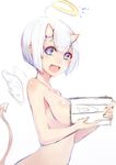  :d breasts ganida_boushoku halo horns nude open_mouth simple_background tail white_background white_hair wings 