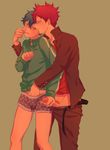  2boys black_hair blush earrings erection green_eyes hand_under_clothes hand_under_clothing handjob male_focus multiple_boys mutual_masturbation penis penis_grab pubic_hair red_hair short_hair simple_background underwear undressing wince yaoi 