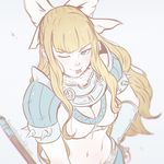  ;p armor bikini_armor blonde_hair blue_eyes blush bow breasts charlotte_(fire_emblem_if) chromatic_aberration cleavage fire_emblem fire_emblem_if koyorin large_breasts long_hair one_eye_closed pauldrons solo spikes tongue tongue_out weapon white_bow 