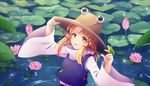  adjusting_clothes adjusting_hat animal_print blonde_hair commentary_request flower frog frog_print hair_ribbon hat high_collar lily_pad long_sleeves looking_at_viewer lotus moriya_suwako partially_submerged pond ribbon sidelocks skirt skirt_set smile solo tongue tongue_out touhou tsujimori_nanaki upper_body wide_sleeves yellow_eyes 