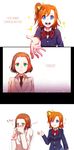  2girls ?? artist_name blue_eyes blush brown_hair comic covering_mouth english green_eyes hand_over_own_mouth highres kira_tsubasa kousaka_honoka love_live!_school_idol_project multiple_girls open_mouth outstretched_arm school_uniform side_ponytail smile star supershrimpcakes yuri 