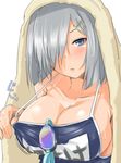  armpits bare_shoulders blue_eyes blue_swimsuit blush breasts cleavage closed_mouth collarbone competition_school_swimsuit expressionless gachou goggles goggles_removed hair_ornament hair_over_one_eye hairclip hamakaze_(kantai_collection) kantai_collection large_breasts lips looking_at_viewer name_tag one-piece_swimsuit pulled_by_self school_swimsuit shiny shiny_skin short_hair sideboob silver_hair simple_background solo strap_gap strap_pull swimsuit towel towel_on_head translation_request upper_body water water_drop wet white_background 