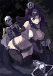  ass_grab black_gloves black_legwear breasts crown drill_hair flower gloves hair_flower hair_ornament kazo large_breasts long_hair midriff monster_girl navel original purple_eyes purple_hair skeleton thighhighs underwear 