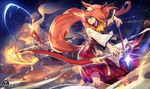  2girls animal_ears armor bow_(weapon) foxgirl hoodie japanese_clothes katana long_hair orange_hair pixiv_fantasia purple_eyes red_eyes ryuuzaki_itsu sword tail weapon 