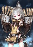  animal_ears bad_id bad_pixiv_id bangs bare_shoulders blush capriccio claw_(weapon) claws commentary detached_sleeves dress erune fang gloves granblue_fantasy hair_between_eyes long_hair looking_at_viewer paw_gloves paws red_eyes sen_(granblue_fantasy) silver_hair skirt smile solo weapon 
