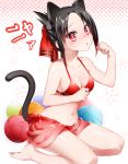  1girl :o animal_ears bangs barefoot bikini black_hair blush bow breasts cat_ears cat_tail folded_ponytail hago kaguya-sama_wa_kokurasetai_~tensai-tachi_no_renai_zunousen~ looking_at_viewer medium_breasts nose_blush open_mouth parted_bangs paw_pose red_bikini red_bow red_eyes red_ribbon ribbon sarong shinomiya_kaguya side-tie_bikini solo swimsuit tail yarn yarn_ball 