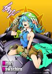  arikanrobo bare_arms bare_shoulders blue_eyes blue_hair boots brown_gloves character_name gloves hair_bobbles hair_ornament hat kawashiro_nitori long_hair looking_at_viewer machinery open_mouth shirt shorts sitting sleeveless sleeveless_shirt smile solo touhou two_side_up wariza 