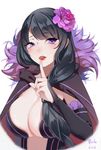  2016 bad_id bad_pixiv_id bangs black_hair breasts cape center_opening dated detached_sleeves elsa_granhilte eyebrows eyebrows_visible_through_hair eyelashes finger_to_mouth flower fur_trim hair_flower hair_ornament highres large_breasts licking_lips lipstick long_hair looking_at_viewer makeup maorzshu mole mole_under_eye parted_lips purple_eyes re:zero_kara_hajimeru_isekai_seikatsu red_lips signature solo tongue tongue_out 