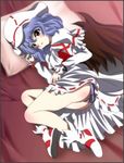  1girl ass bare_legs bed blue_hair blush boots character_request dress embarrassed eyebrows eyebrows_visible_through_hair hat highres legs long_sleeves looking_at_viewer lying on_bed on_side panties parted_lips pillow red_eyes short_hair solo striped_panties thighs touhou underwear white_dress wings yadokari_genpachirou 