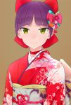  1girl akagi_(fmttps) artist_name bangs bow brown_background cat_girl choker closed_mouth commentary eyebrows_visible_through_hair floral_print gegege_no_kitarou hair_bow hair_ornament japanese_clothes kimono light_smile lips looking_at_viewer nekomusume nekomusume_(gegege_no_kitarou_6) obi pointy_ears print_kimono purple_hair red_bow red_choker red_neckwear sash short_hair solo twitter_username upper_body yellow_eyes 