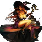  bare_shoulders book breasts brown_hair cleavage detached_sleeves dragon's_crown hankuri hat large_breasts long_hair looking_at_viewer sitting skull solo sorceress_(dragon's_crown) staff witch_hat 