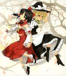  absurdres apron black_hair blonde_hair boots bow braid brown_eyes clog_sandals detached_sleeves hakurei_reimu hand_on_headwear hat high_heels highres holding_hands kirisame_marisa multiple_girls navel ofuda petticoat rokuwata_tomoe shoes short_hair skirt socks tabi touhou witch_hat yellow_eyes 