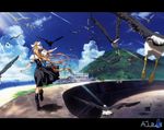  air aratani_tomoe back bird blonde_hair cat cloud crow day flock kamio_misuzu long_hair official_art solo sora_(air) very_long_hair wallpaper 