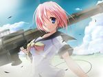  blue_eyes cloud day fim-92_stinger gun hair_over_one_eye highres pink_hair ribbon rocket_launcher school_uniform serafuku short_hair sky smile solo sparkle!! t-ray weapon 