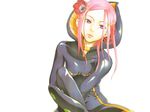  anemone_(eureka_seven) black_bodysuit bodysuit eureka_seven eureka_seven_(series) flower highres kataoka_jinsei latex long_hair official_art pink_hair purple_eyes shiny shiny_clothes simple_background single_vertical_stripe skin_tight solo 