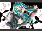  aqua_hair aqua_neckwear detached_sleeves eighth_note hatsune_miku instrument keyboard_(instrument) leg_warmers long_hair musical_note necktie panties pantyshot record ryo solo star thighhighs twintails underwear upskirt vocaloid white_panties 