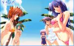  beach bikini blue_hair breasts brown_hair cloud covered_nipples day everyone frilled_swimsuit frills fumio_(ura_fmo) green_hair hair_ribbon highres konishi_tamako large_breasts lavender_hair long_hair multiple_girls nagasumi_mana name_tag one-piece_swimsuit outdoors palm_tree purple_hair ribbon sakura_chika school_swimsuit seashell setouchi_aoi shell shell_bikini short_hair side-tie_bikini sky sorauta swimsuit tree underboob wallpaper white_swimsuit widescreen yuunagi_mio 