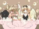  angel angel_wings bath blonde_hair blue_eyes bubble foam itou_noiji multiple_girls original red_eyes ribbon wallpaper wings 