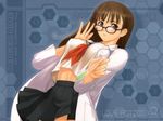  adjusting_eyewear breasts brown_eyes brown_hair dengeki_hime dutch_angle glasses labcoat large_breasts long_hair long_sleeves midriff non-web_source original panties pleated_skirt school_uniform science serafuku skirt solo tanaka_takayuki test_tube underwear wallpaper white_panties 