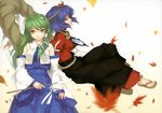  absurdres blue_hair detached_sleeves frog green_hair hair_ornament highres kochiya_sanae leaf_hair_ornament long_hair mirror multiple_girls red_eyes rokuwata_tomoe rope sandals shimenawa short_hair sitting snake touhou yasaka_kanako yellow_eyes 