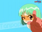 blue_background dokkoida gloves green_hair one_eye_closed pointing red_gloves solo tanpopo vector_trace wallpaper 