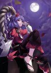  absurdres anklet cloud feet hair_ornament highres jewelry leaf_hair_ornament moon night night_sky parted_lips purple_hair red_eyes rokuwata_tomoe rope sandals short_hair sky solo star_(sky) starry_sky toes touhou yasaka_kanako 