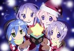  :3 absurdres ahoge bell blue_eyes blue_hair blush christmas earmuffs glasses green_eyes hair_ribbon hat highres hiiragi_kagami hiiragi_tsukasa horiguchi_yukiko izumi_konata lucky_star mittens mole mole_under_eye multiple_girls official_art open_mouth pink_hair purple_eyes purple_hair ribbon santa_costume santa_hat scarf star takara_miyuki tareme tsurime 