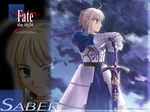  ahoge armor armored_dress artoria_pendragon_(all) blonde_hair dress excalibur fate/stay_night fate_(series) faulds green_eyes hands_on_hilt long_sleeves planted_sword planted_weapon saber solo sword takeuchi_takashi wallpaper weapon 