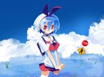  bag blue_hair blue_sky choker cloud day hairband harada_takehito original pleinair pointy_ears pond red_eyes reflection ribbon ripples school_bag school_uniform serafuku shirt_tug short_hair sign skirt sky solo standing stop_sign wading wallpaper water 