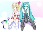 aqua_hair bare_shoulders between_legs black_legwear blonde_hair crossover detached_sleeves eye_contact feet flandre_scarlet hand_between_legs hatsune_miku highres long_hair looking_at_another multiple_girls no_shoes oouso red_eyes sitting smile socks thighhighs touhou twintails v_arms very_long_hair vocaloid wallpaper white_legwear wings 