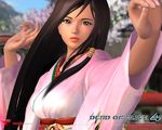  3d black_hair copyright_name dead_or_alive dead_or_alive_4 grey_eyes japanese_clothes kimono kokoro_(doa) lipstick long_hair makeup official_art solo wallpaper 