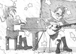  acoustic_guitar band concerto fukagawa_ino grand_piano greyscale guitar hattori_mitsuru highres instrument long_sleeves microphone microphone_stand monochrome multiple_girls music oosawa_hitomi piano piano_bench singing star 