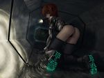  all_fours armor ass bent_over chiaroscuro copyright_request dark flashlight headband highres iwai_ryou ladder mouth_hold neon_trim science_fiction shoe_soles shoes solo tunnel wallpaper water 