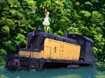  barefoot blonde_hair dress food forest fruit holding holding_food holding_fruit kiriman_(souldeep) locomotive nature original overgrown pear ruins scenery solo sundress tiptoes wallpaper water white_dress 